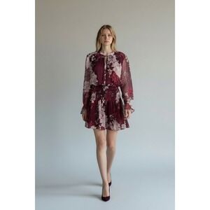 NWT Bishop + Young Floral Mini Dress Women Small Burgundy Smocked Long Sleeve